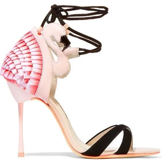 

High Quality Flamingo Frill Leather Satin and Suede Ankle Lace-up Cut-out Metal Heel Party Pumps For Women Free Shipping