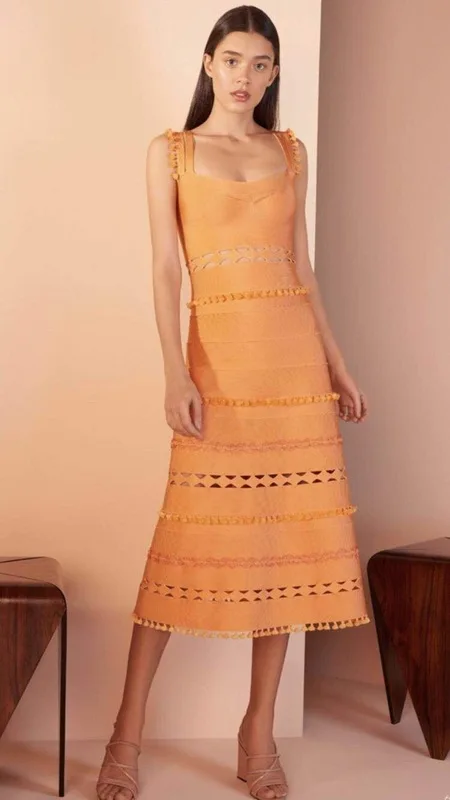 

High Quality Orange Black Hollow Out Aline Rayon Bandage Dress Evening Party Cute Dress