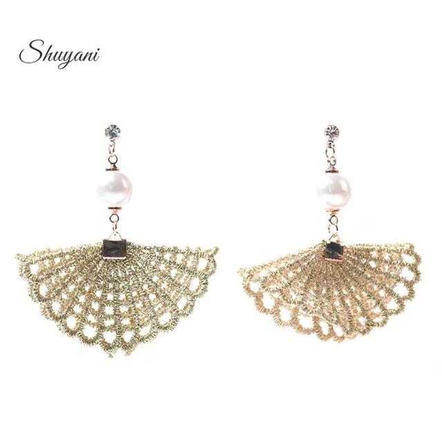 fashion Ethnic vintage charm Hanging Drops pearl Fan shape dangle