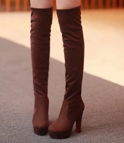 JIANBUDAN/женские эластичные сапоги женские ботфорты на высоком каблуке; сезон осень-зима г. Модные пикантные высокие сапоги до бедра размеры 34-39 - Цвет: Brown winter