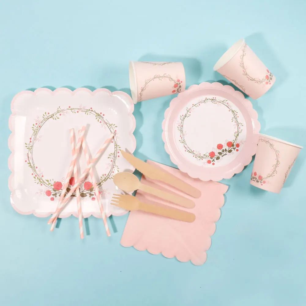 Сладкий свежий цветок одноразовые посуда набор для 10 пакетов бумажные тарелки и стаканы на день рождения Свадебная вечеринка наборы; детский душ сувениры