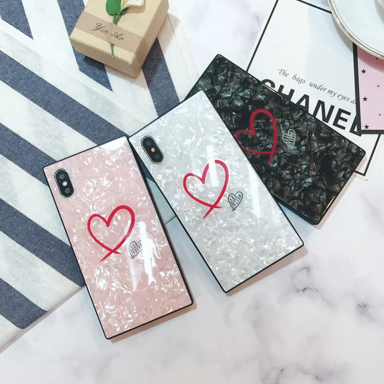 

High quality luxury tempered Glass phone case For iPhone 6 6s 7 8 X Xs PLus square shell Love heart Cover Protective Fundas