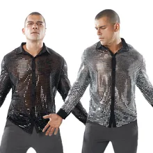 Мужская рубашка с длинным рукавом в горошек чешуи ночной клуб нагрудные Повседневная Блузка фитнес-рубашка сценическая выпускная танцевальная сорочка черный золотой серебряный