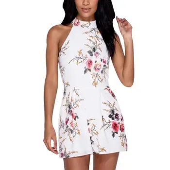 

Bohemian Floral Printed Sleeveless Off Shoulder Halter Rompers For Women Sexy Playsuit Female Short Overalls 2018 Hot Sale