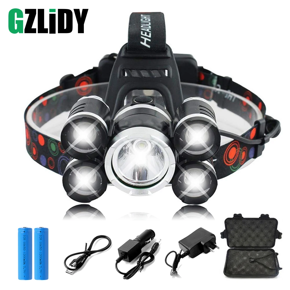 

Super bright 5xT6 LED Headlamp 12000 LM headlight 4 modes outdoor searchlight fishing light camping light Use 2 x 18650 battery