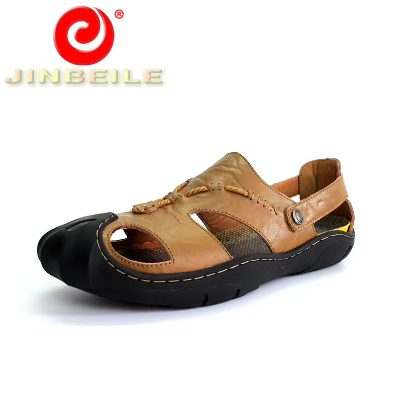 JINBEILE Cool Design Sandals Men Soft & Massage Beach Shoes Men Genuine Leather Beach Sandals 