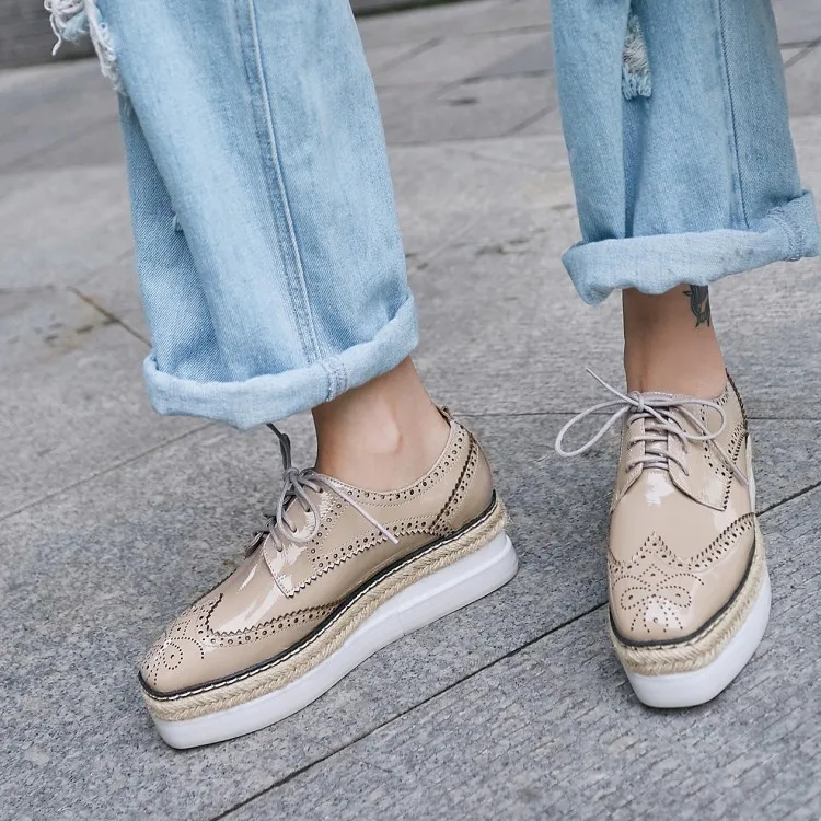 

PXELENA 2019 Autumn Brand New Women Flat Platform Oxfords Real Leather Wingtip British Retro Lace Up Brogue Shoes Lady Creepers