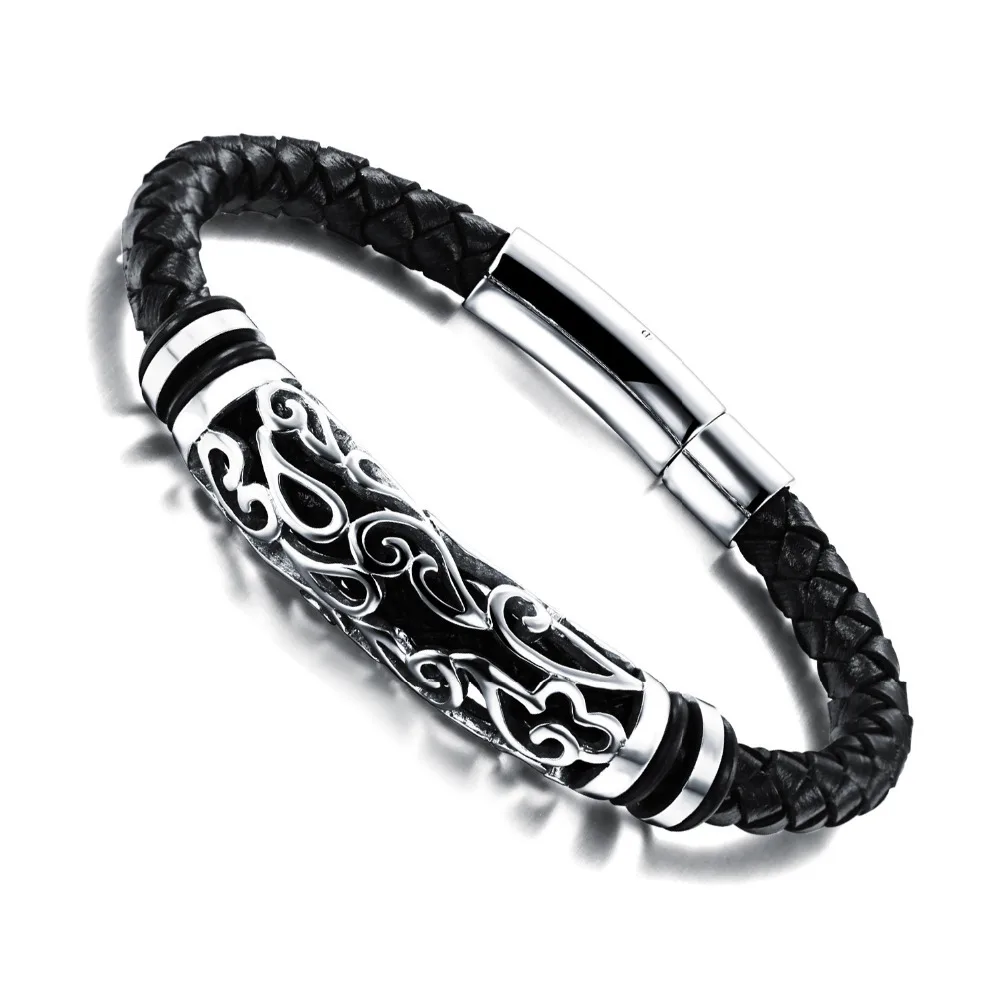 Buy Genuine leather bracelet stainless steel men woven
