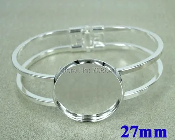 

27mm Silver Plated BrassCircle Bases Bezel Tray Glass Cabochons Spring Cuff Bracelet Bangle Settings Blank Crafts Wholesale