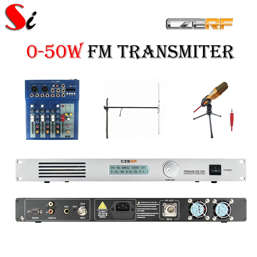 

Professional CZE-T501 0-50W adjustable FM stereo transmitter broadcast radio station + Dipole antenna + Mixer + MIC