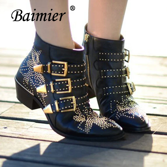 

Baimier Gold Silver Buckle Rivet Ankle Boots For Women Genuine Leather Women Boots Fashion Round Toe Punk Motorcycle Boots Women