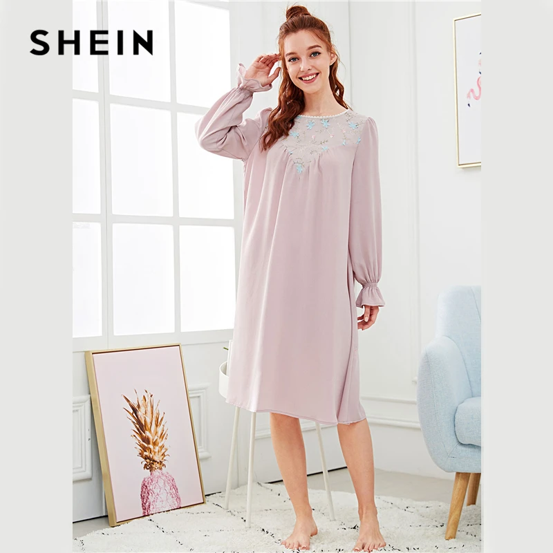 Buy SHEIN Flower Embroidered Bell Cuff Nightdress