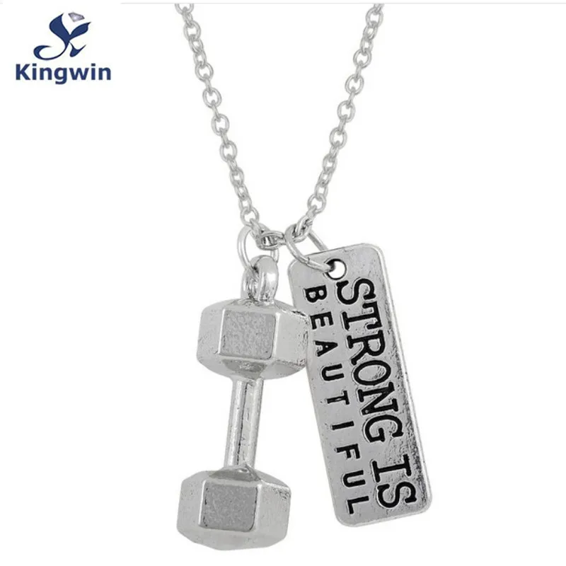 

dumbbell antique silver necklace strong is beautiful women pendant necklace Fitness fashion sports jewelry free drop ship