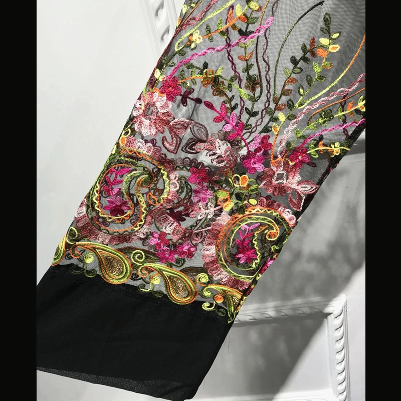 Plus Size Long Kimono Mujer 2019 Sexy Abaya Muslim Women Floral Embroidery Chiffon Mesh Cardigan Blouse Roupas Feminina Clothing