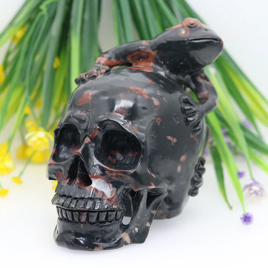 

6" 1739g PLUM BLOSSOM JASPER Carved Frog Crystal Skull Crystal Realistic Healing Furnishing Articles Figurine AS64
