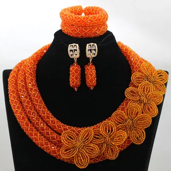 

2017 Wedding Statement Necklace Women Luxury Round Flower Beads Jewelry Set Earrings Bracelet Customized Jewelry Sets hx003