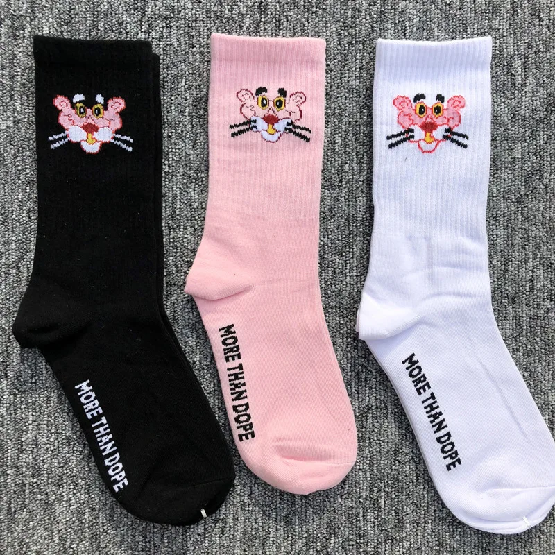 2019 New Women Printed Socks Cute Cortoon Animal Pink Panther Letters Inscription Black White Cotton Funny Socks For Female