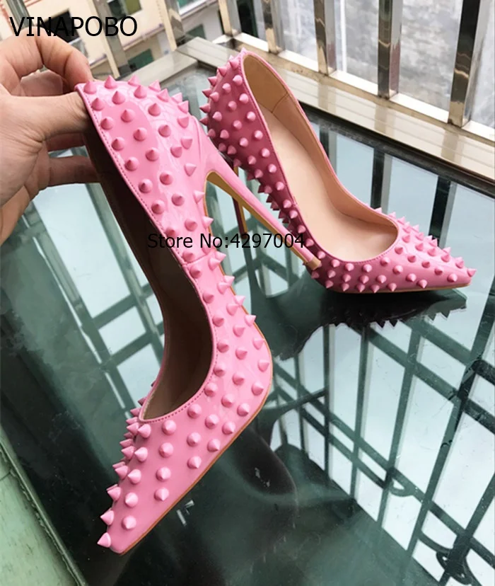 VINAPOBO Rivet Studded Pointed Toe High Heels Red Lady Pumps Patent Leather Sweet Pink Shoes Slip On Wedding Women Stilettos