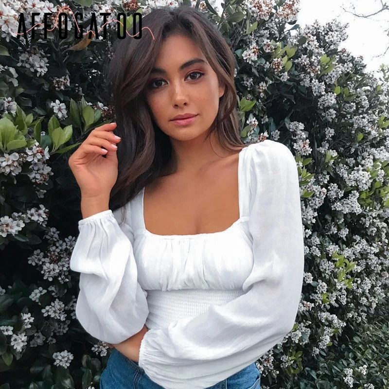 Affogatoo Vintage col carré blanc blouse femme à volants à manches longues femmes blouse chemise 2019 été dames recadrée peplum haut