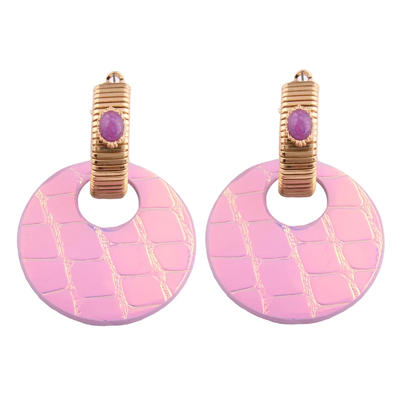 

NeeFu WoFu Round Earrings Flash Leather Earring Large Stone Copper Big Earrings Woman Fluorescent color Brinco Ear Oorbellen