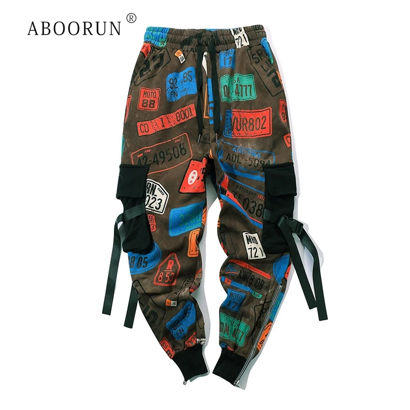 

ABOORUN Men's Hip Hop Joggers Panelled Graffiti Printed Patchwork Pencil Pants with Ribbons Brand Loose Pants for Male x2640