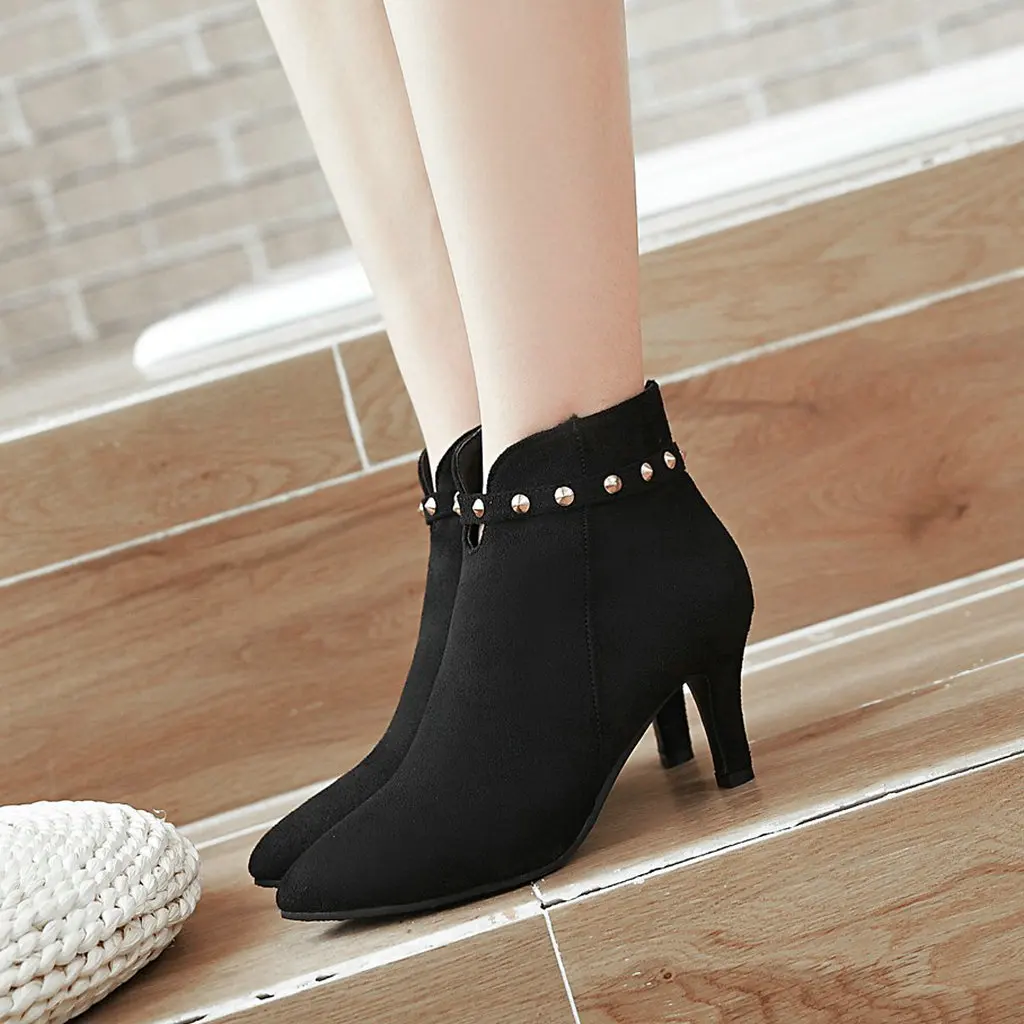 

Female Flock Ankle Boots Thin High Heel Bootie Rivet Pointed Toe Winter Fashion Ladies Shoes Black Red Gray Drop Shipping