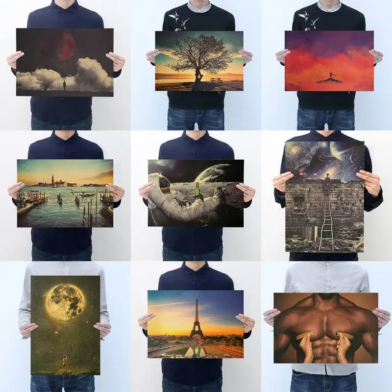 

Frameless Modern Poster Kraft Paper Adornment Movie Pictures Coffee Shop Home Bar Wall Decoration Multidesign Retro Art Painting