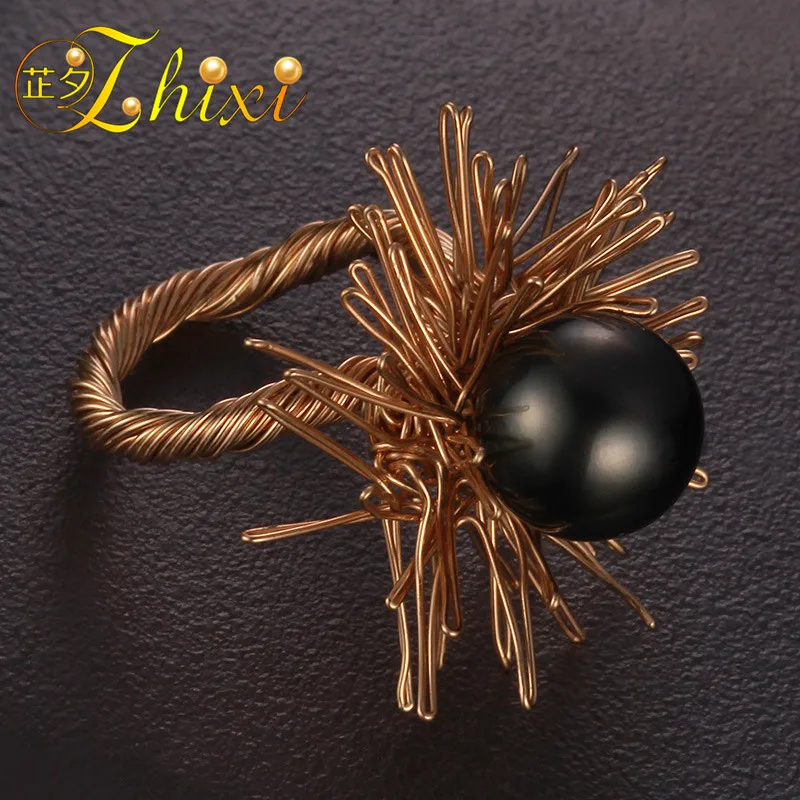 

ZHIXI Natural Tahitian Pearl Ring Fine Jewelry Black Pearl Wedding Bands For Women Hyperbole Birthday Party Gift Box J308