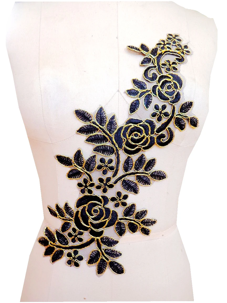 

sew on black lace applique with Golden wire edge Delicate embroidered 36*15cm