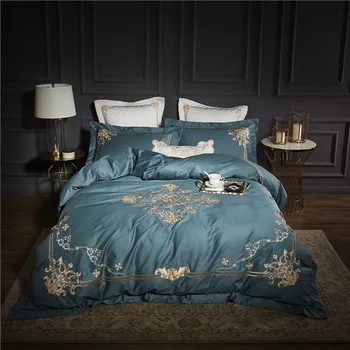 

2018 Blue Pink Luxury Golden Royal Embroidery 80S Egyptian cotton 4/6pcs Bedding Set Duvet Cover Bed sheet Bed Linen Pillowcases