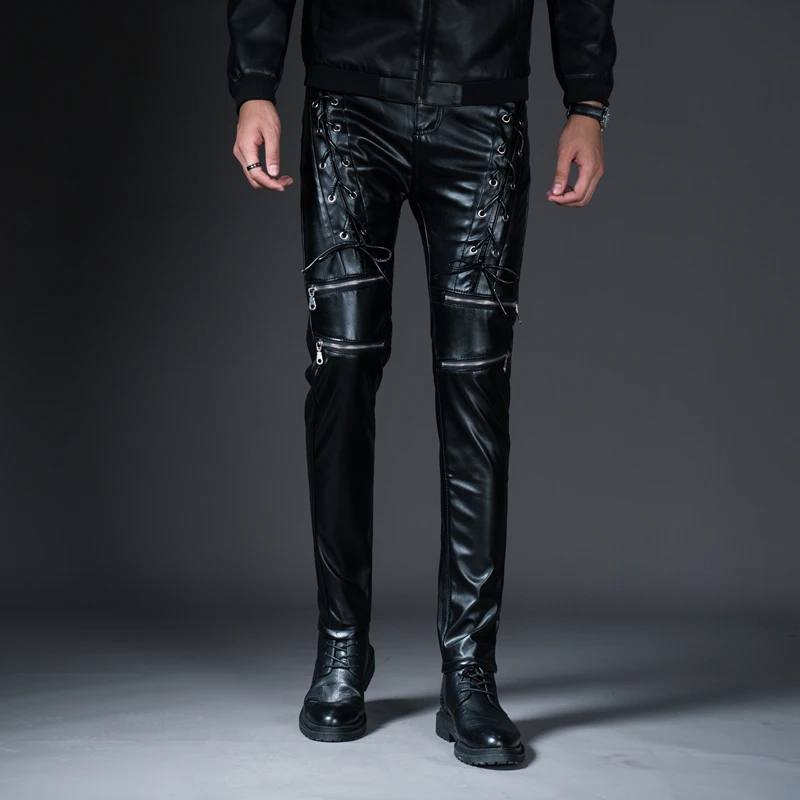 

2019 New Winter Spring Men's Skinny Leather Pants Fashion Faux Leather Trousers For Male Trouser Stage Club Wear Biker Pants