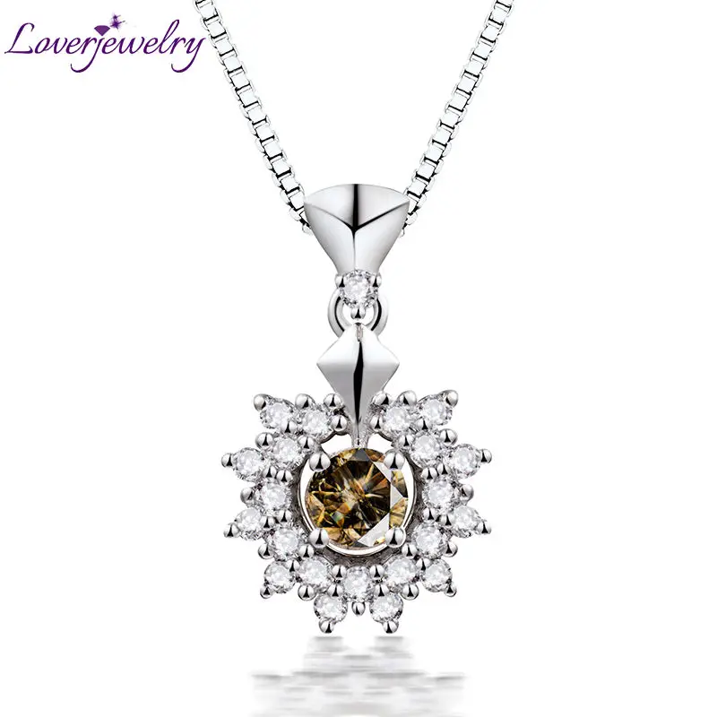 

LOVERJEWELRY Lady Pendant Necklace Unique Natural 4mm Round Coffee Diamond Pendants Solid 750 18K White Gold Without Chain