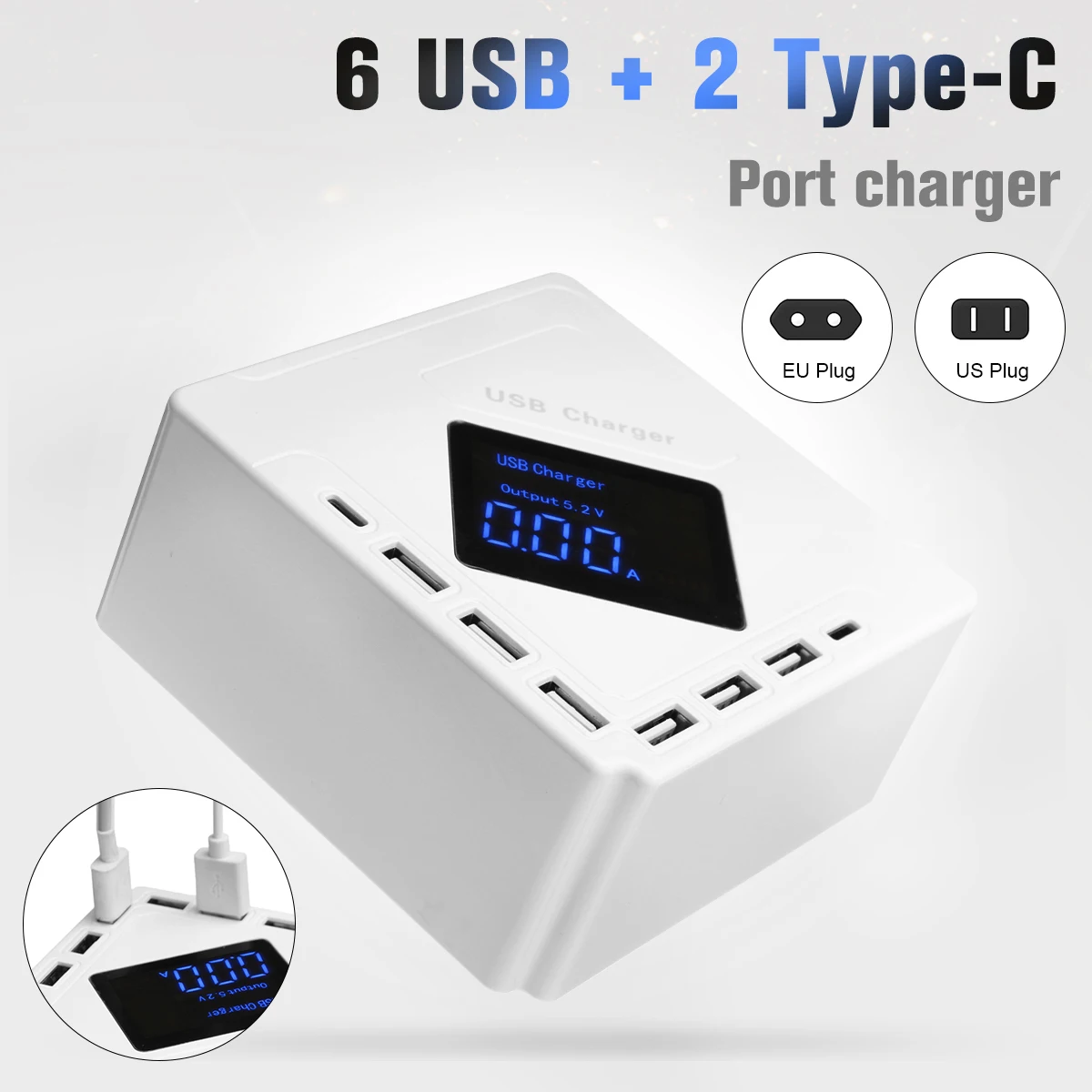 

6 USB+2 Type-C Port Charger,USB Charger,Universal Smart phone charger,Led Display Quick charging station,Power Adapter Socket
