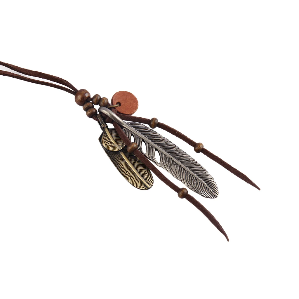 Retro Wood Bead Charms Necklace Metal Alloy Feather Pendant Sweater Necklace Women Costume Jewelry