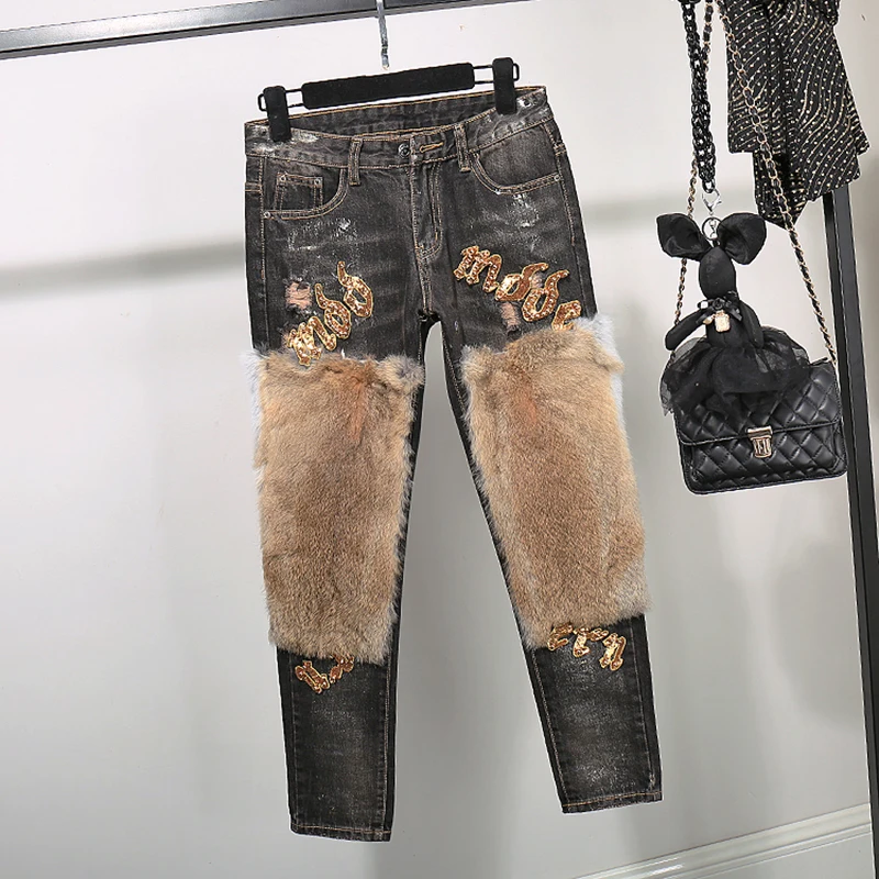 Color Lapin Cheveux Costume Pour D'hiver Réel Mode Deux Photo Veste Jeans Denim 2 Ensemble Chaud Courte Pantalon Femmes À Pièces Convient pièce xw0fB1SqF