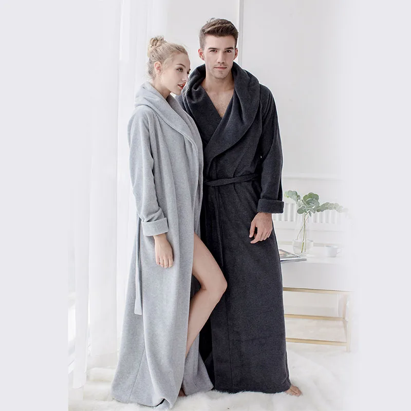 Men Warm Fleece Robe Microfiber Bathrobe Shawl Collar Long Spa Robe  Sleepwear