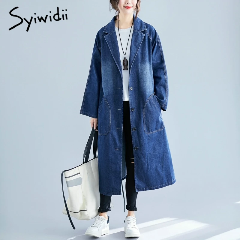 

Long denim jacket women Jeans jacket Long sleeve turn down collar dark blue big pocket single breasted Oversized denim jacket