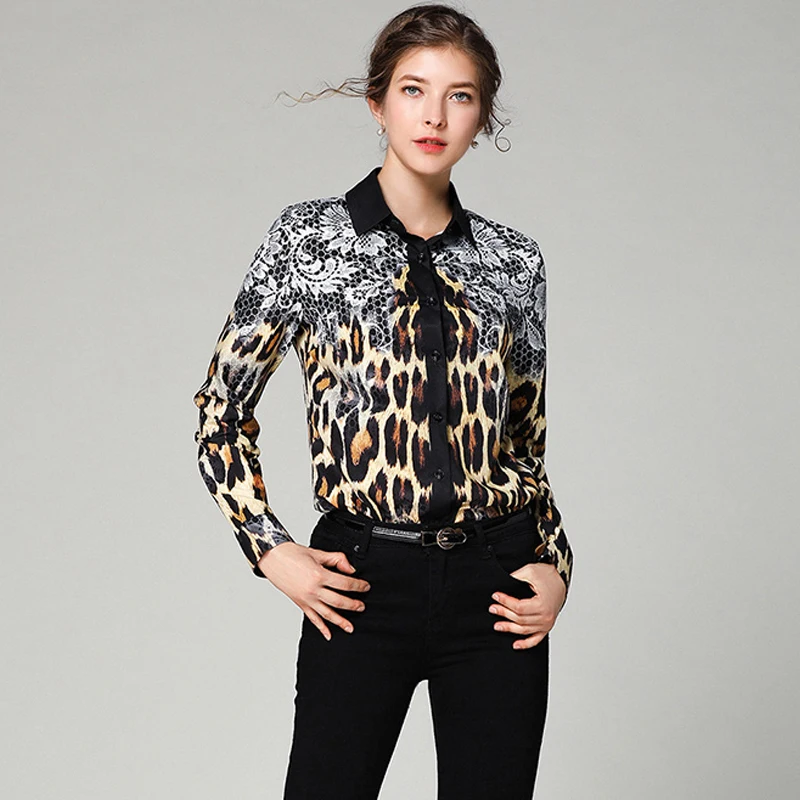 H Han queen Сексуальная леопардовая кружевная женская рубашка Весна Длинный рукав отложной воротник блузки Уличная одежда размера плюс женская блуза