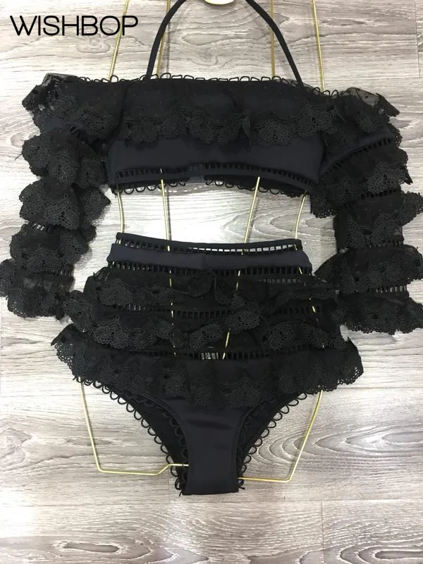 

Beach Lace Patchwork Embroidered Polka Dot 2 Pc Set - Ruffled Crop Tube Top With Detachable halter Neck + Ruffled Shorts 2019SS