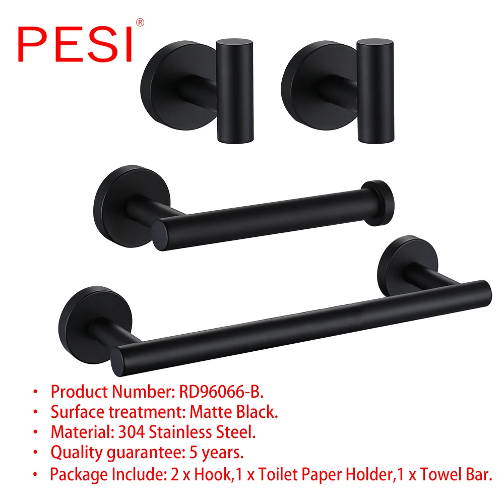 304 Stainless Steel Bathroom Accessories Bathroom Hardware Set Robe Hook Towel Rail Rack Ring Bar Shelf Paper Holder ,Black.