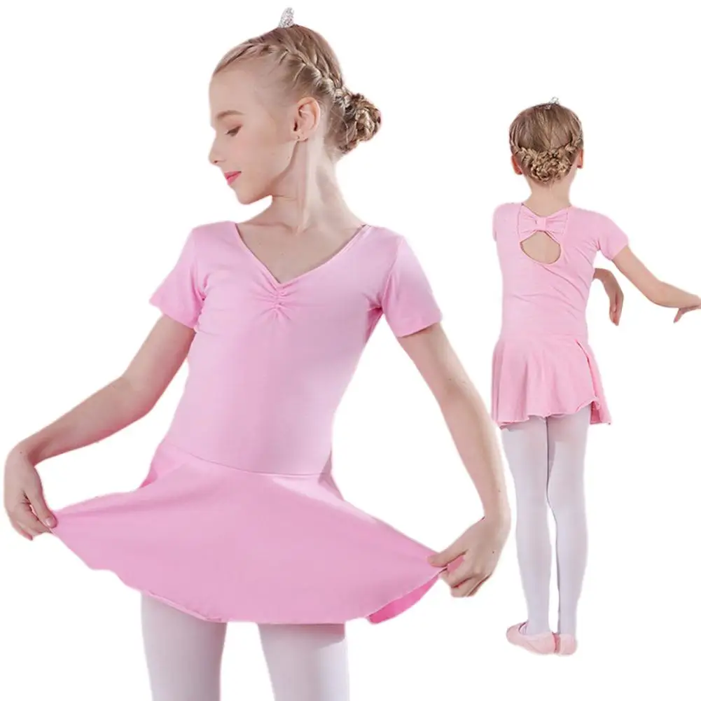 

Kids Girls Short Sleeve Solid Color Jumpsuit Dancing Dress for Ballet