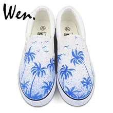 Wen Original Design Slip on Shoes Summer Style Coconut Palm Tree Sea Gull Hand Painted White Canvas Sneakers for Men Women