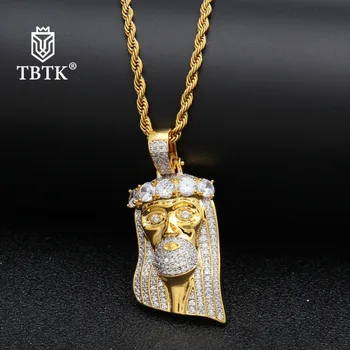 

TBTK Micro-inlaid Zircon Holy Crown Jesus Pendant Gold HipHop/Rock Boy Accesories Costume Jewelry Pendant Necklace Western Style