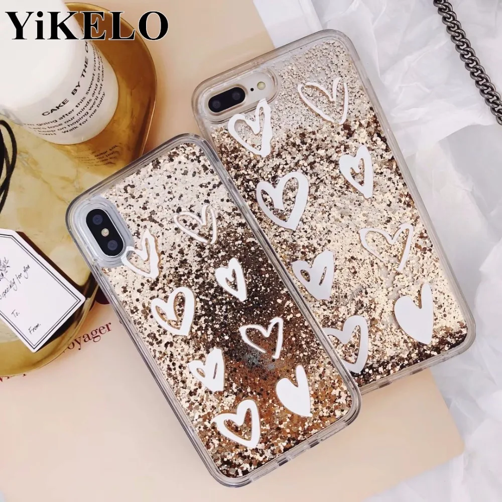 

YiKELO Luxury Cute Love Heart Gold Bead Bling Glitter Dynamic Liquid Quicksand Phone Case For iPhone 6 6S 7 8 Plus X Cases