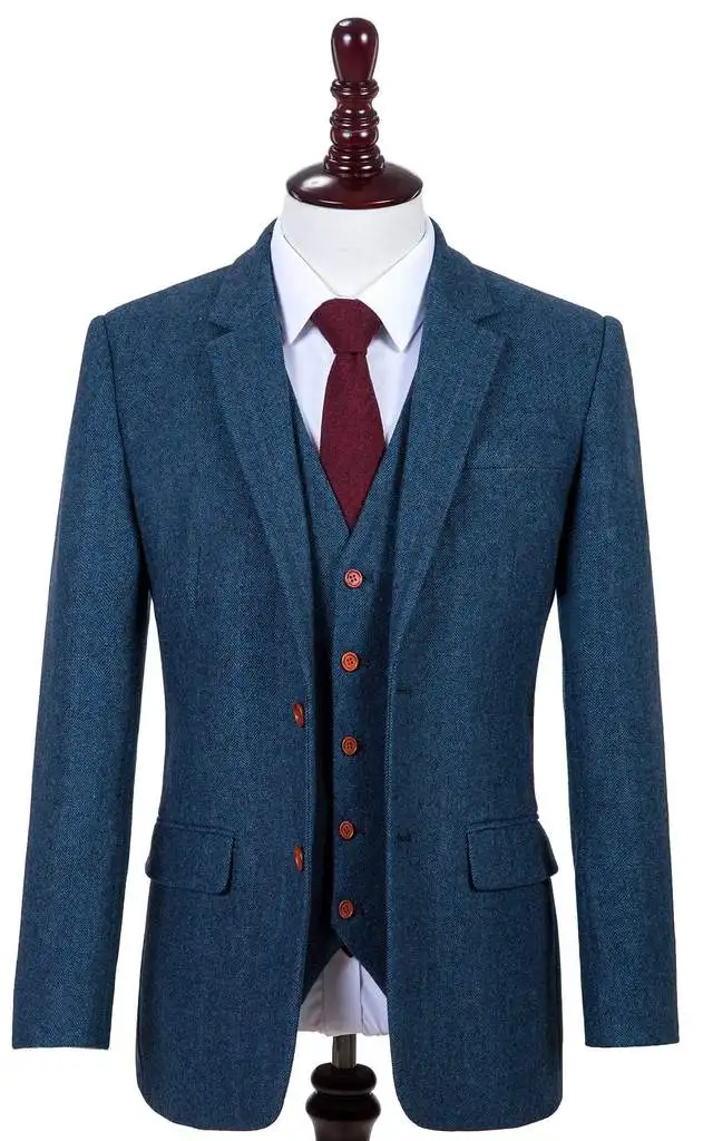 Men's Wardrobe Essentials Classic Windowpane Suit Wool Retro Blue