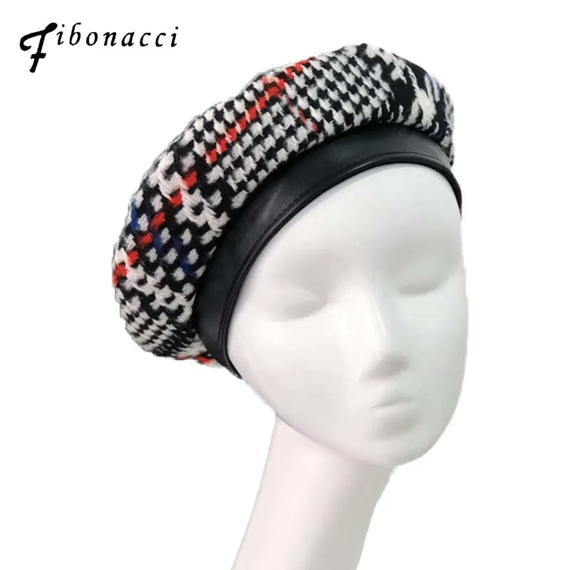

Fibonacci Autumn Winter Women Beret Hats Fashion PU Surrounding Multicolor Plaid Knit Female Caps Boina Berets