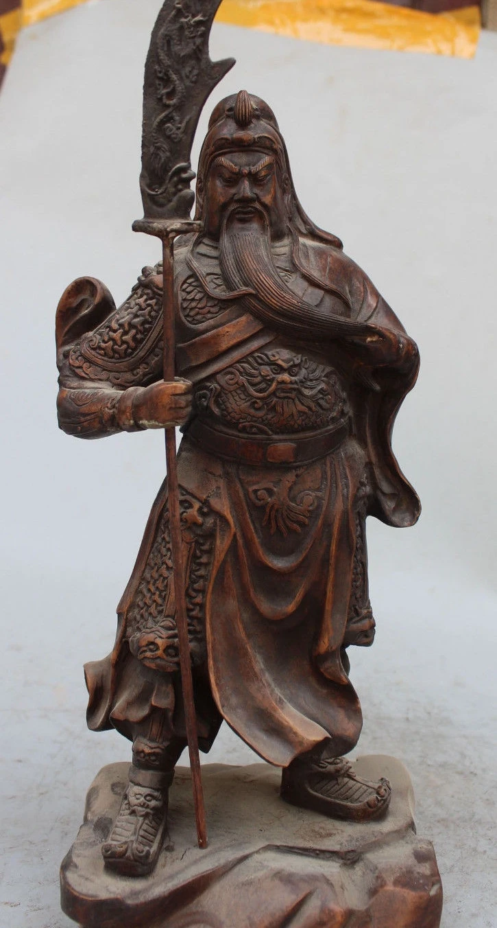 

15" Chinese Copper Bronze Dragon Warrior God GuanGong Guan Gong Yu Sword Statue