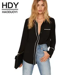 HDY Haoduoyi осень 2017 г. Для женщин модные однотонные черные Однобортный прямые рубашки с длинным рукавом отложной воротник Повседневная Блузка