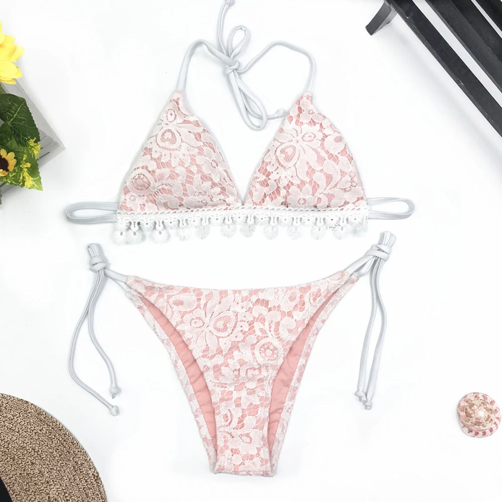 

Soft Cute Sexy Halter Ladies Floral Girls Outdoor Beachwear Holiday Adults Bikini Swimsuit Out Lace Split Summer