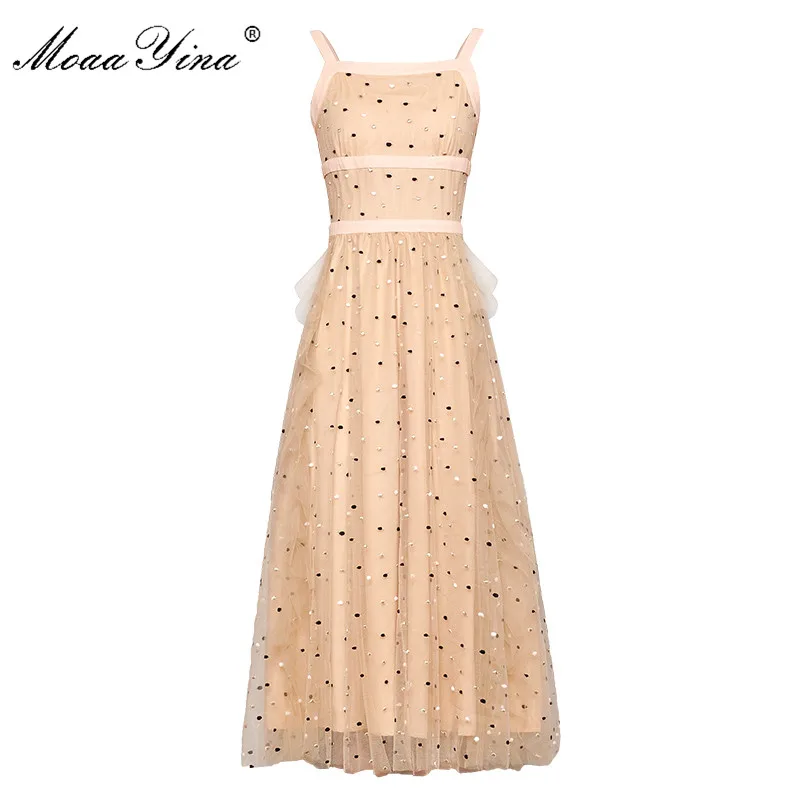 

MoaaYina Fashion Designer Runway dress Spring Summer Women Dress Mesh Ruffles Spaghetti Strap Elegant Dresses